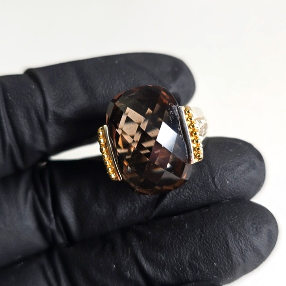 Sterling Silver 925 Elegant Gold and Smoky Quartz Ring